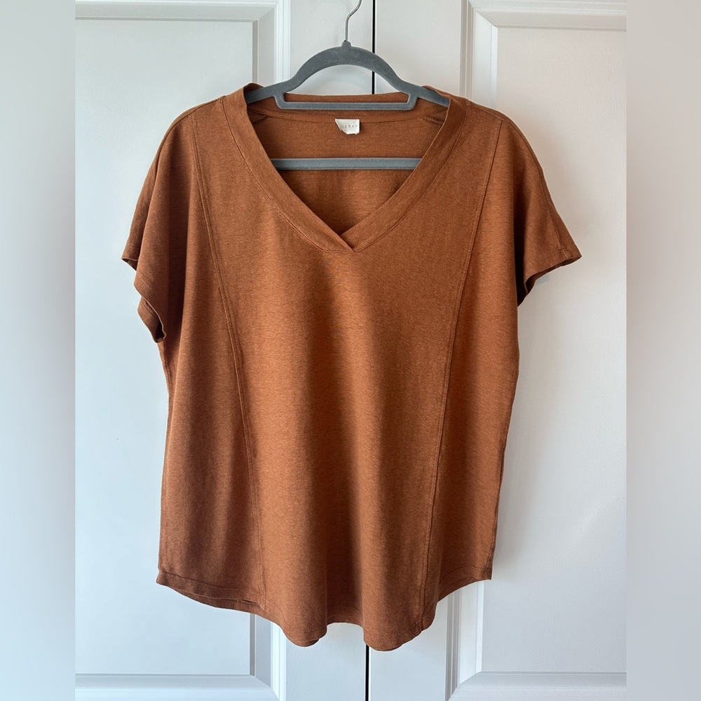 Poetry Women’s Short Sleeve V Neck Top Hemp and Cotton Rust (Size 8)